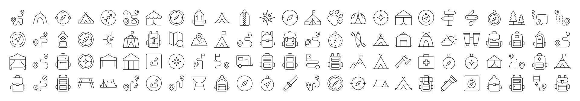 Backpack, Road, Map Pin, Compass, Tent Line Icon Pack. Editable Stroke. Minimalistic Linear Pictogram for Design of Cards, Apps, Banners, Posts vector