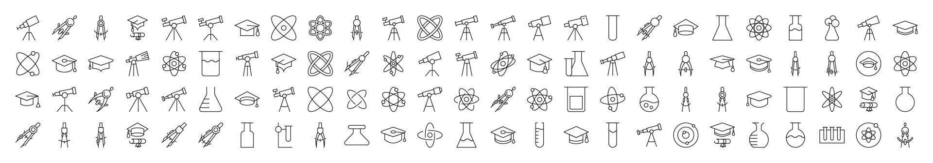 Pack of Science Related Line Icons. Editable Stroke for Design, Web Sites, Apps, Cards. Contains Linear Images of Laboratory Bulb, Compass, Atom, Telescope vector