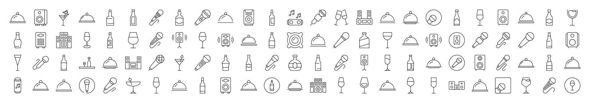 Cocktail, Bottle, Loud Speaker Images Drawn with Thin Line. Collection of Various Design Elements that Can Be Used for Apps, Articles, Web Sites, Social Media vector