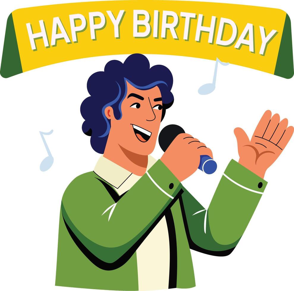 Birthday singer singing happy birthday song, flat illustration vector