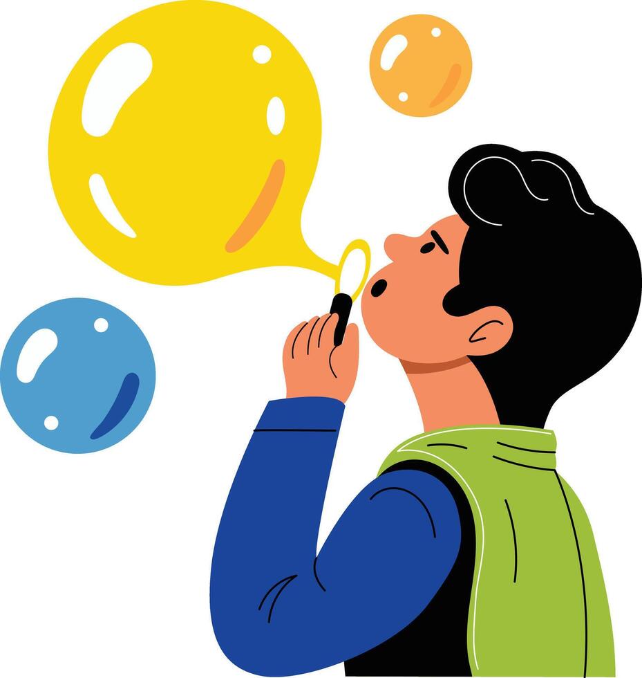 A flat illustration of person blowing bubbles vector