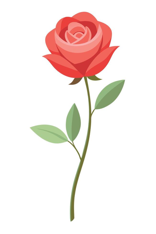 Single Red Rose Bloom, Elegant Stem, Green Leaves, Floral Design vector