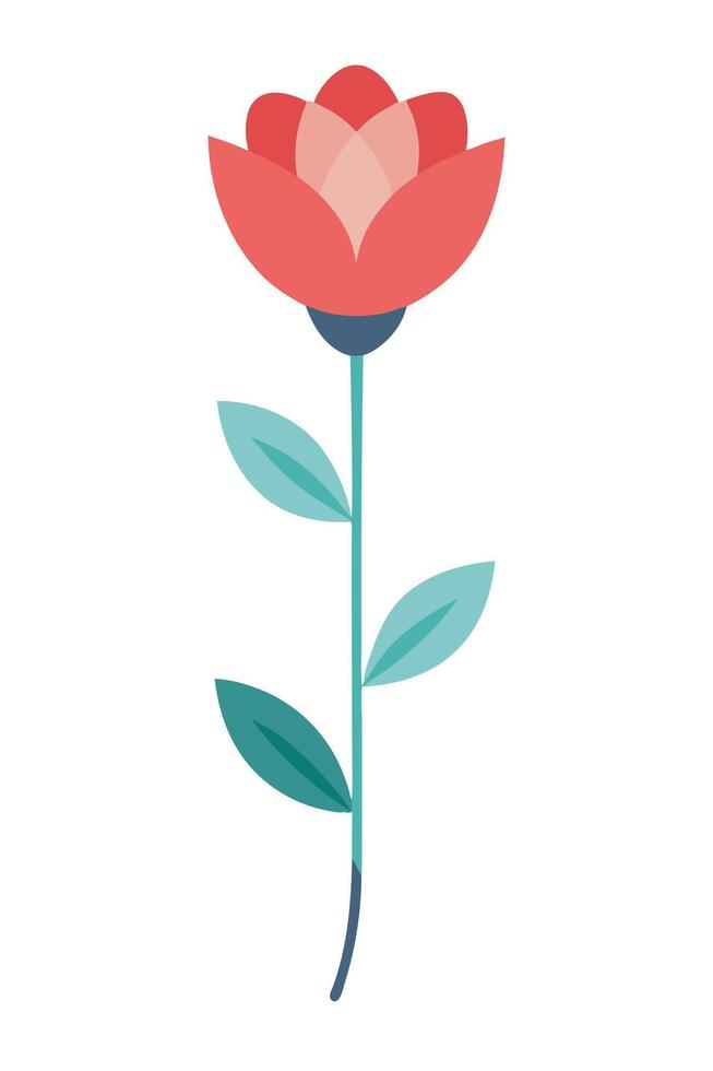 Single Red Flower, Minimalist, Stem, Leaves, Simple, Botanical, Flat Design, Elegant, Illustration, vector