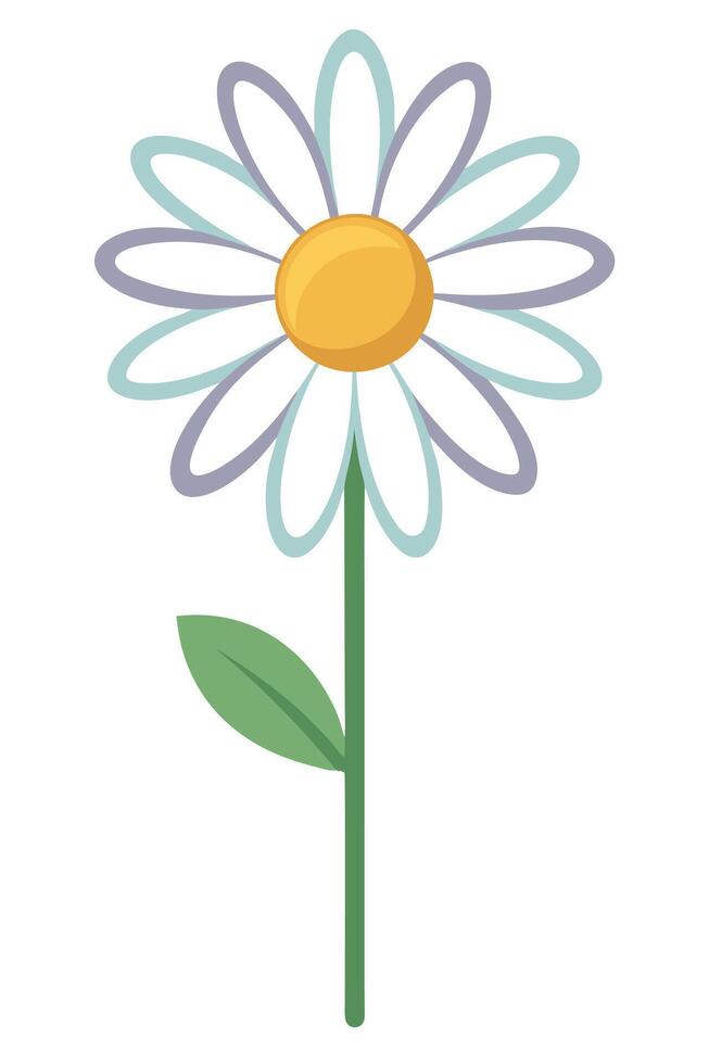 Daisy Flower Illustration Simple, White Petals, Yellow Center, Green Stem, Single Leaf vector