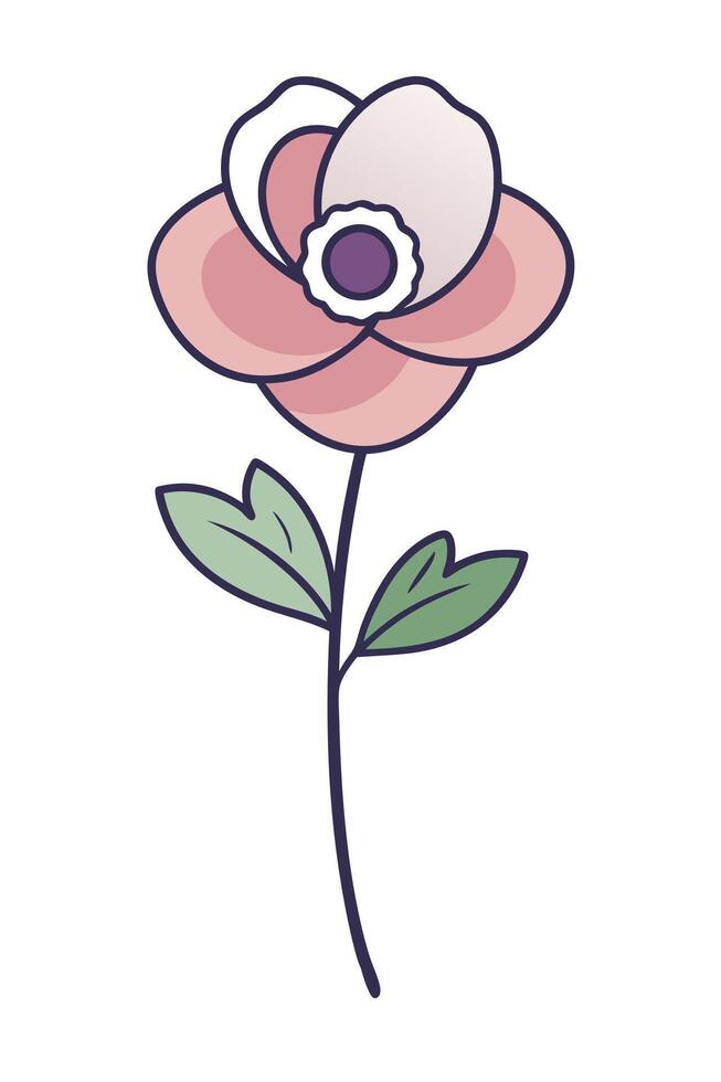 Single Pink Flower Illustration, Stem, Leaves, Minimalist Design vector
