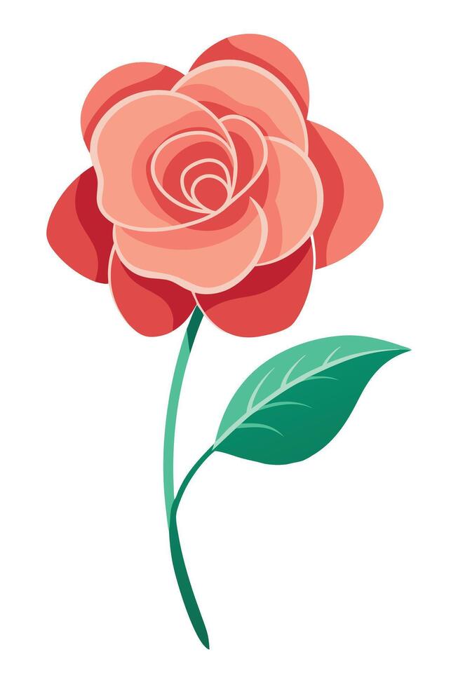 Elegant Red Rose Bloom, Single Stem, Green Leaf, Floral Art vector