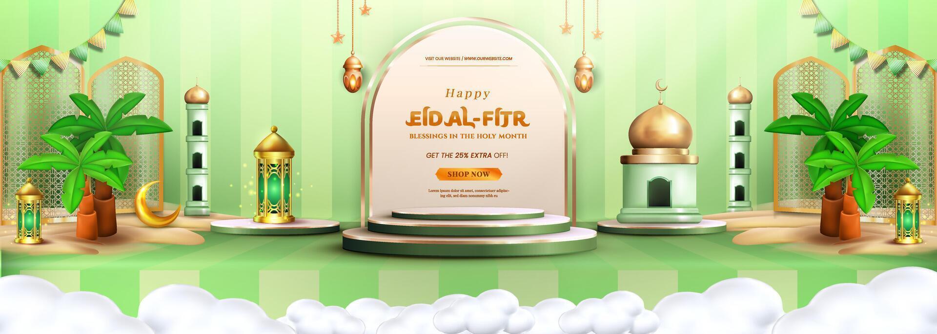 A 3D rendering of an Islamic festival themed backdrop, with crescent moon, podium, clouds, lanterns, and Islamic ornaments. Great for banners, showcasing products, or greeting cards. vector