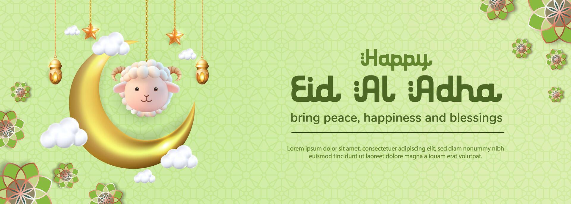 3D image featuring a sweet hanging sheep, lanterns, and a crescent moon, crafted for Eid al Adha, the Islamic celebration, or animal sacrifice vector