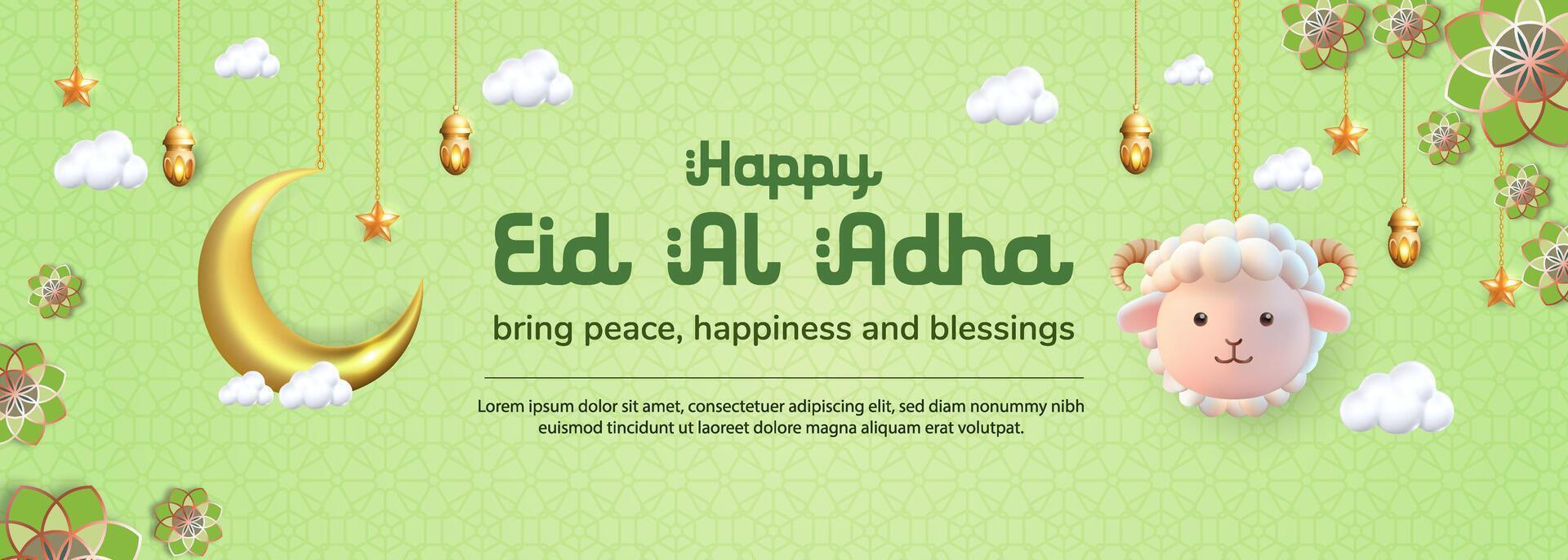 3D illustration of an adorable sheep hanging, lanterns, and a crescent moon, representing Eid al-Adha, Islamic celebration vector