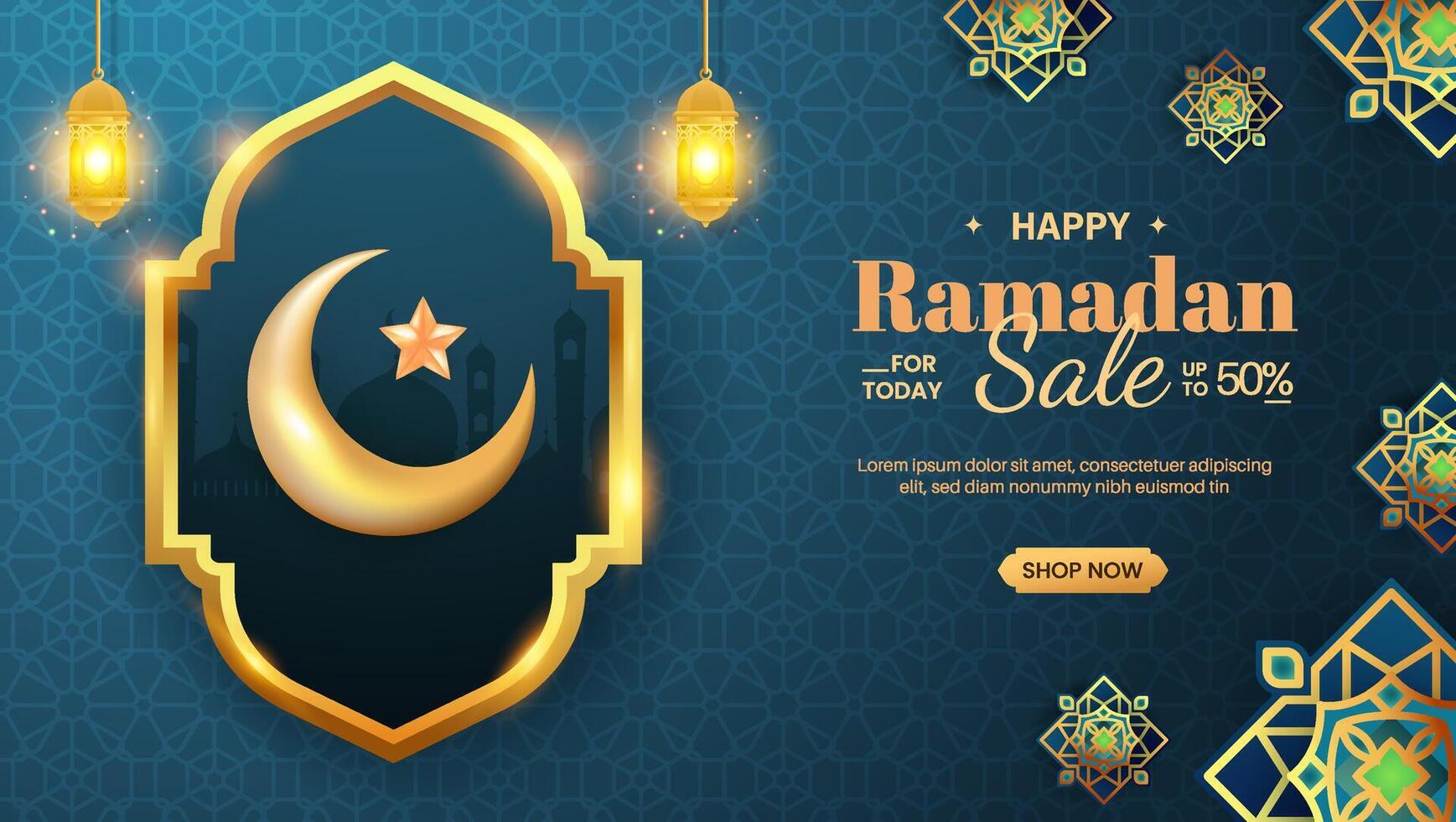 Ramadan Karim sale, highlighted with moon, stars, and lanterns. Suitable for banners, greeting cards, flyers, and promotions, with an Islamic 2025 backdrop. vector