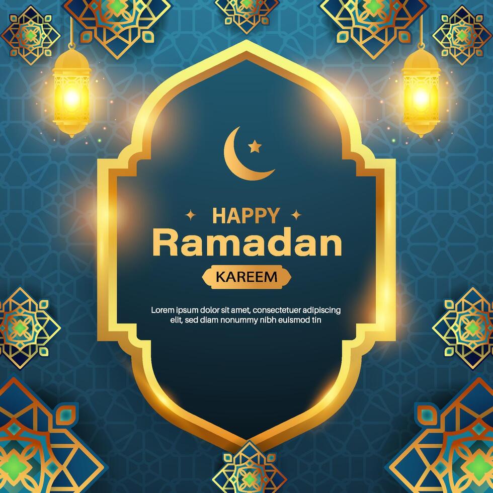 Ramadan Karim, featuring the moon, stars, and lanterns. Suitable for banners, greeting cards, and flyers with a 2025 Islamic theme. vector