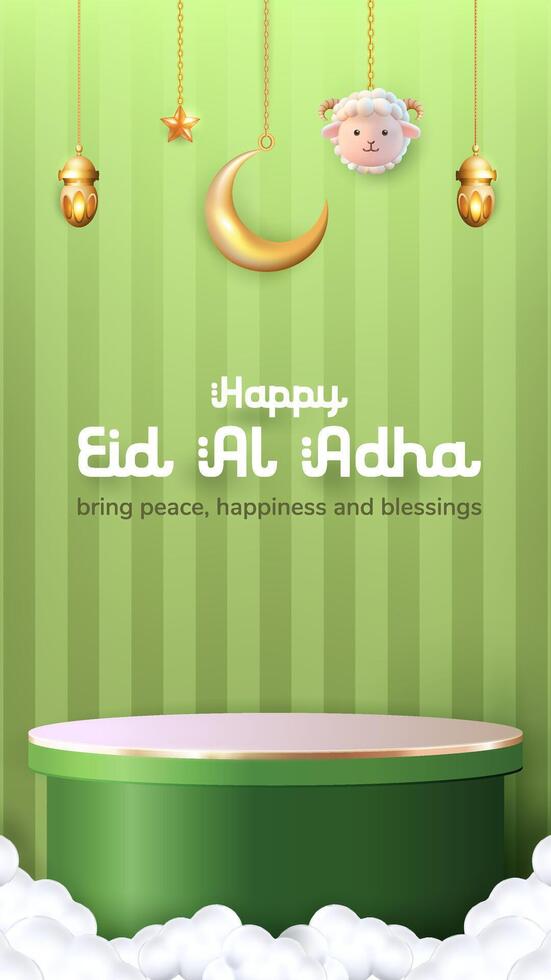 Vertical 3D display showcasing an adorable sheep hanging, lanterns, and a crescent moon, crafted for Eid al Adha. vector