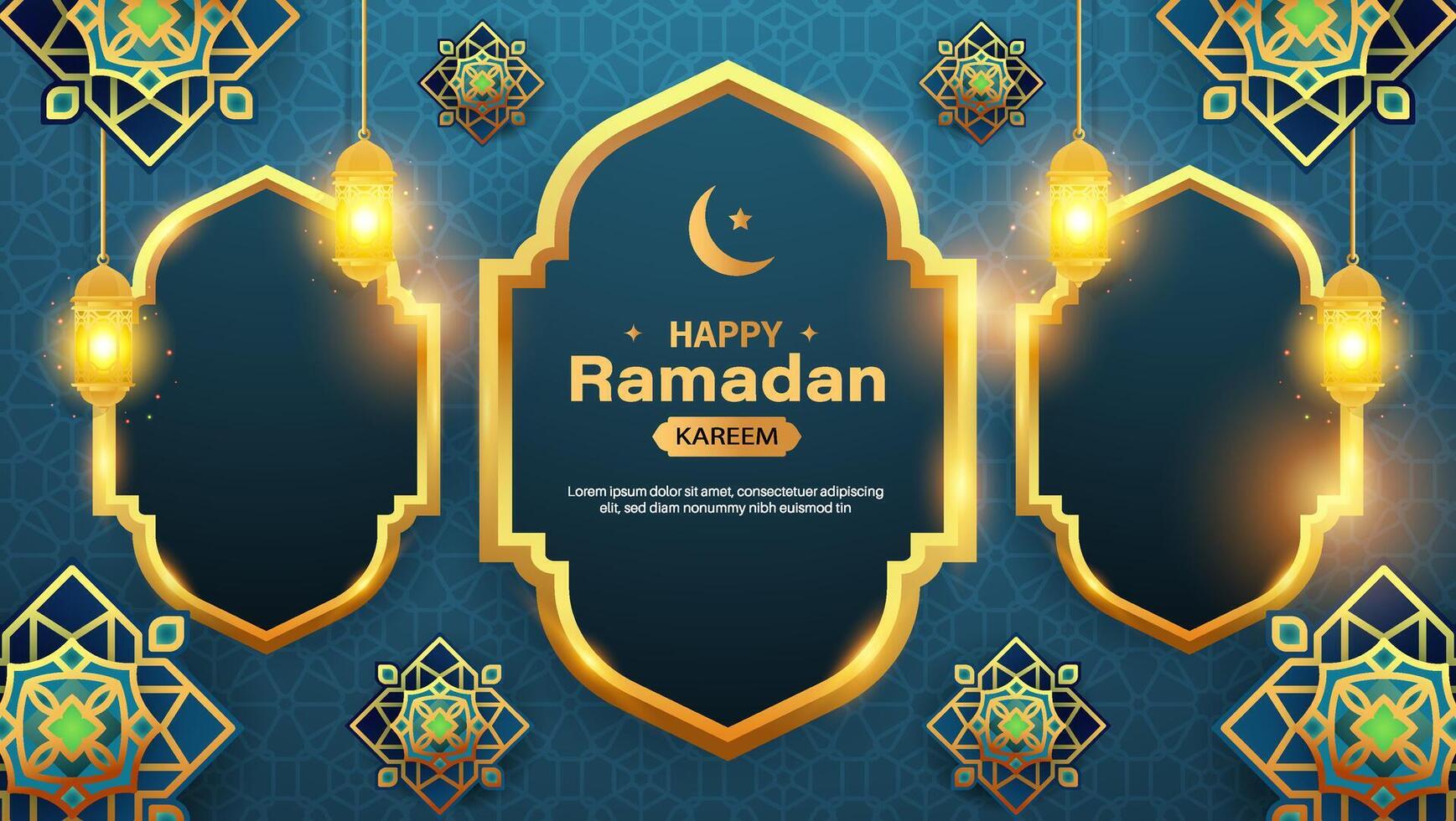 Ramadan Karim featuring a moon, stars, and lanterns. Ideal for banners, greeting cards, and flyers with an Islamic 2025 backdrop. vector