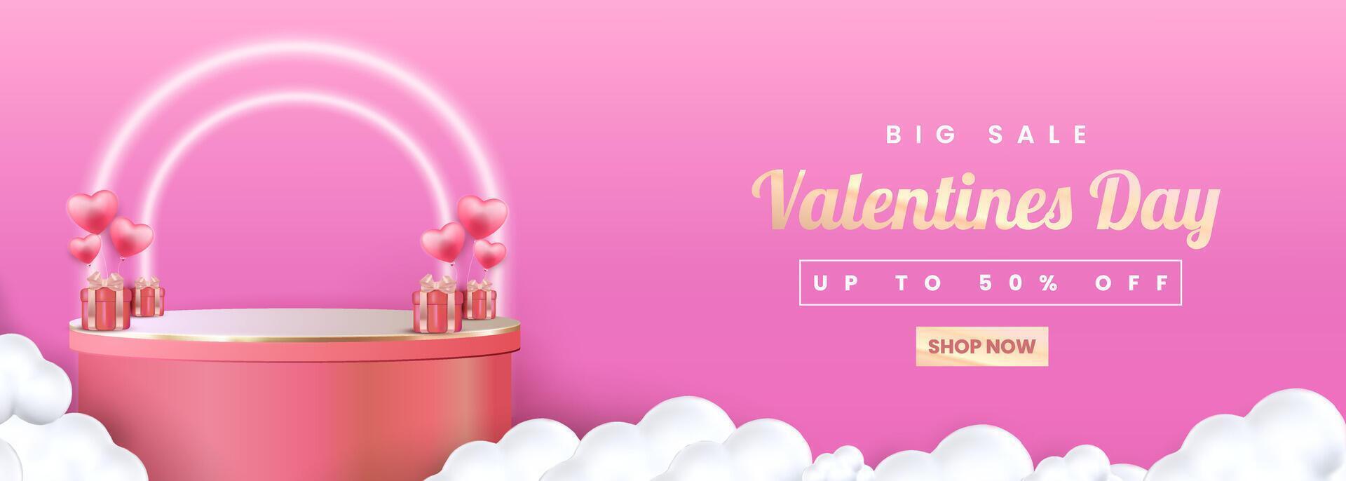 Valentines Day podium scene decorated with balloons, clouds, and gift boxes. Ideal for displaying products, cosmetics, advertisements, or award ceremonies against a pink background. vector