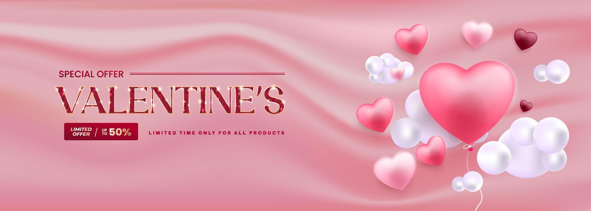 Valentine's Day Sale poster or banner with discounts, featuring 3D hearts and glitter. A promotional template for shopping. vector
