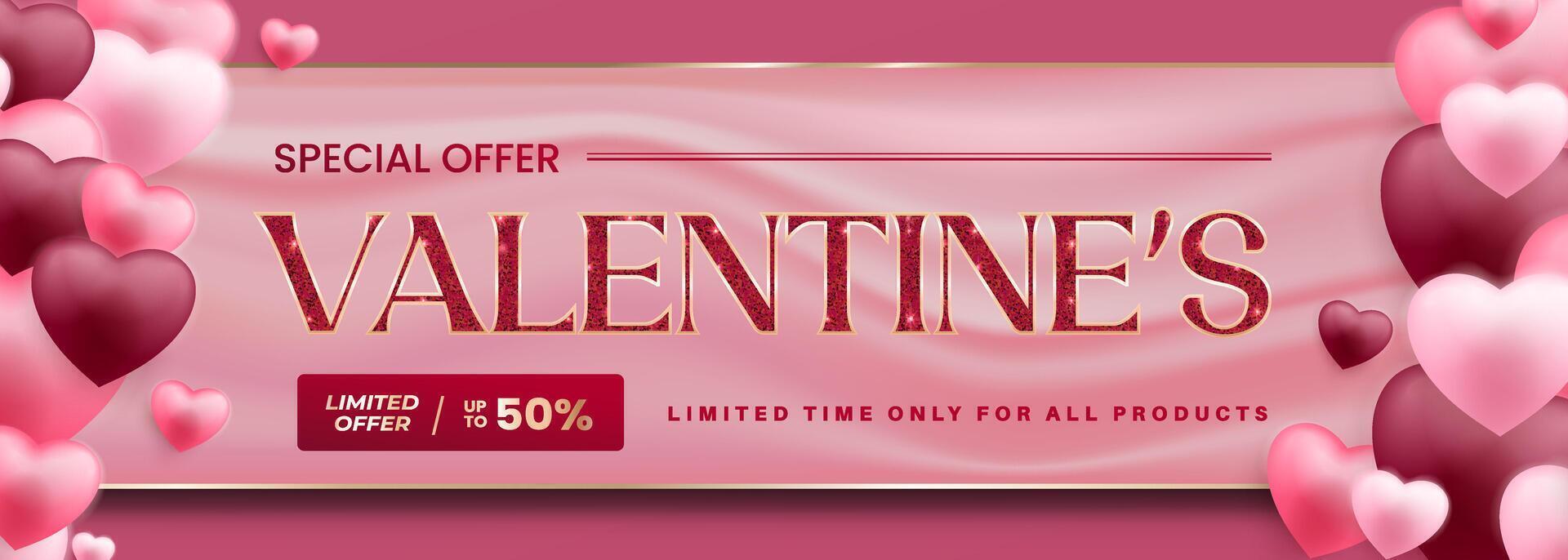 Valentines Day promotional background featuring glitter and heart shaped balloons. vector