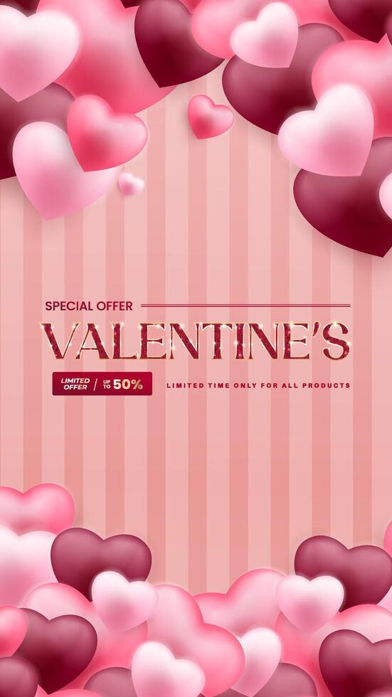 Valentine's Day Sale poster or banner showcasing discounts, featuring 3D hearts and sparkling glitter. A perfect template for promotions and shopping. vector
