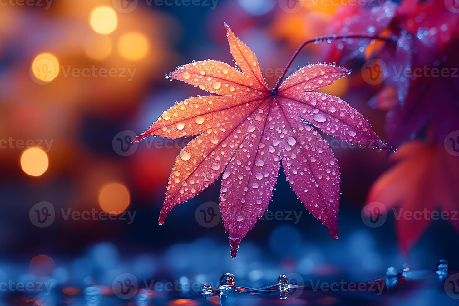 Autumn Vibe Dewy Maple Leaf in Bokeh Effect for Seasonal Design photo