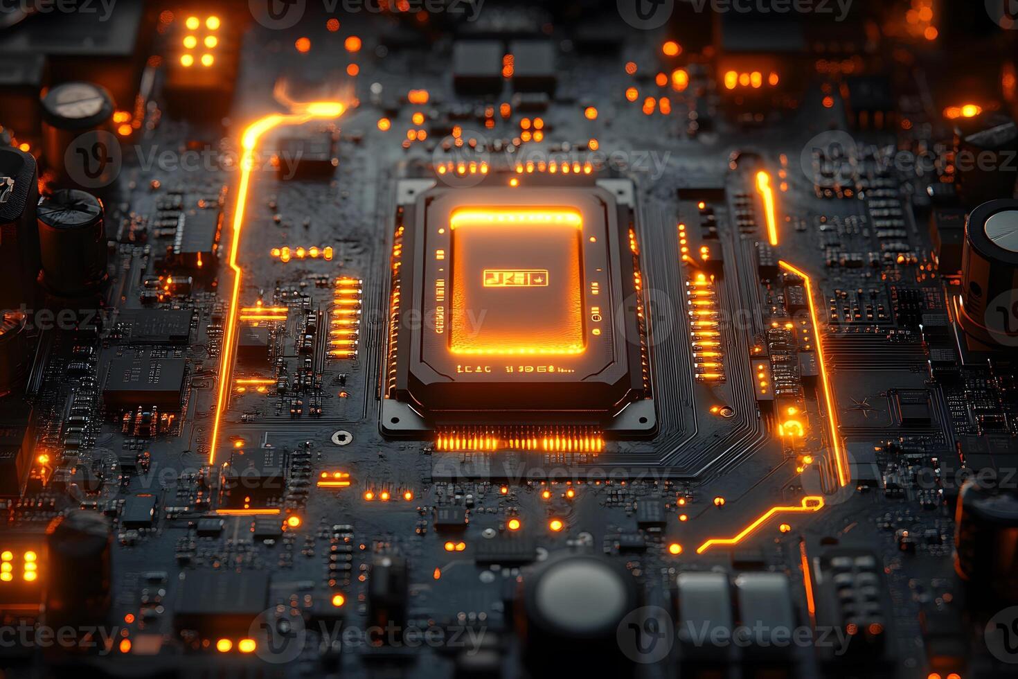 Futuristic Neon-Lit Circuit Board with Glowing Microchip Design for Technology Concepts photo
