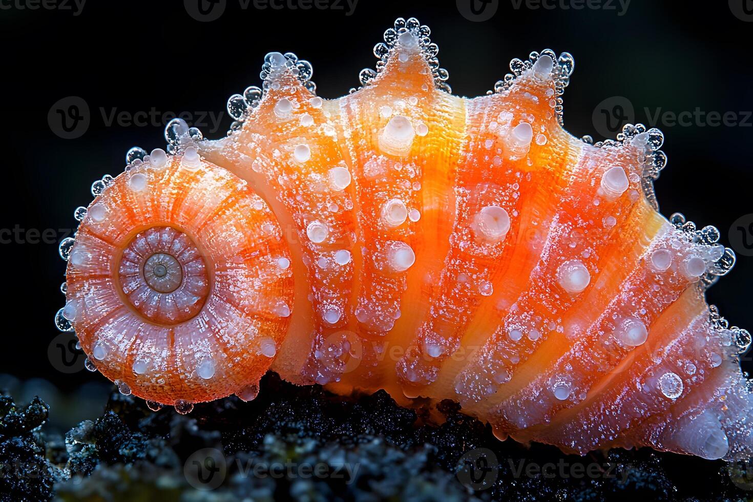Macro Close-Up of Vibrant Orange Seashell with Water Droplets for Nature and Marine Themes photo