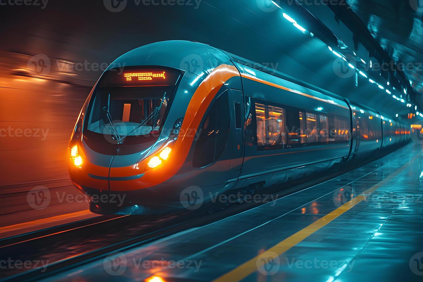 Modern High-Speed Train in Motion Through Underground Tunnel at Night photo