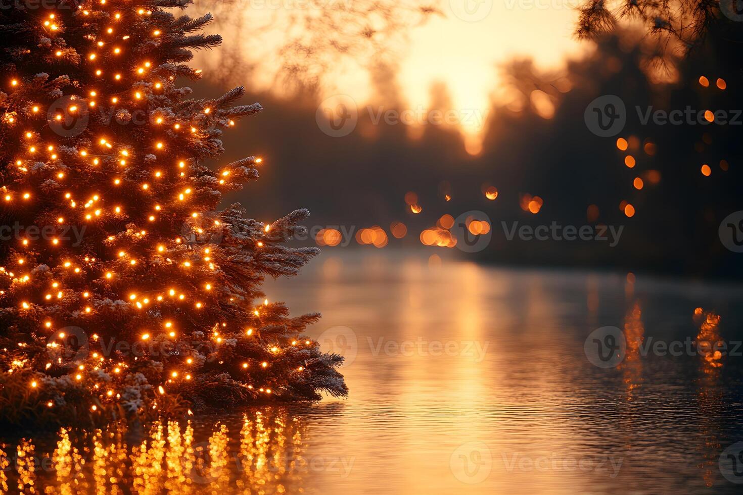 Christmas Tree by Tranquil Lake at Sunset Festive Holiday Scene for Cards or Posters photo
