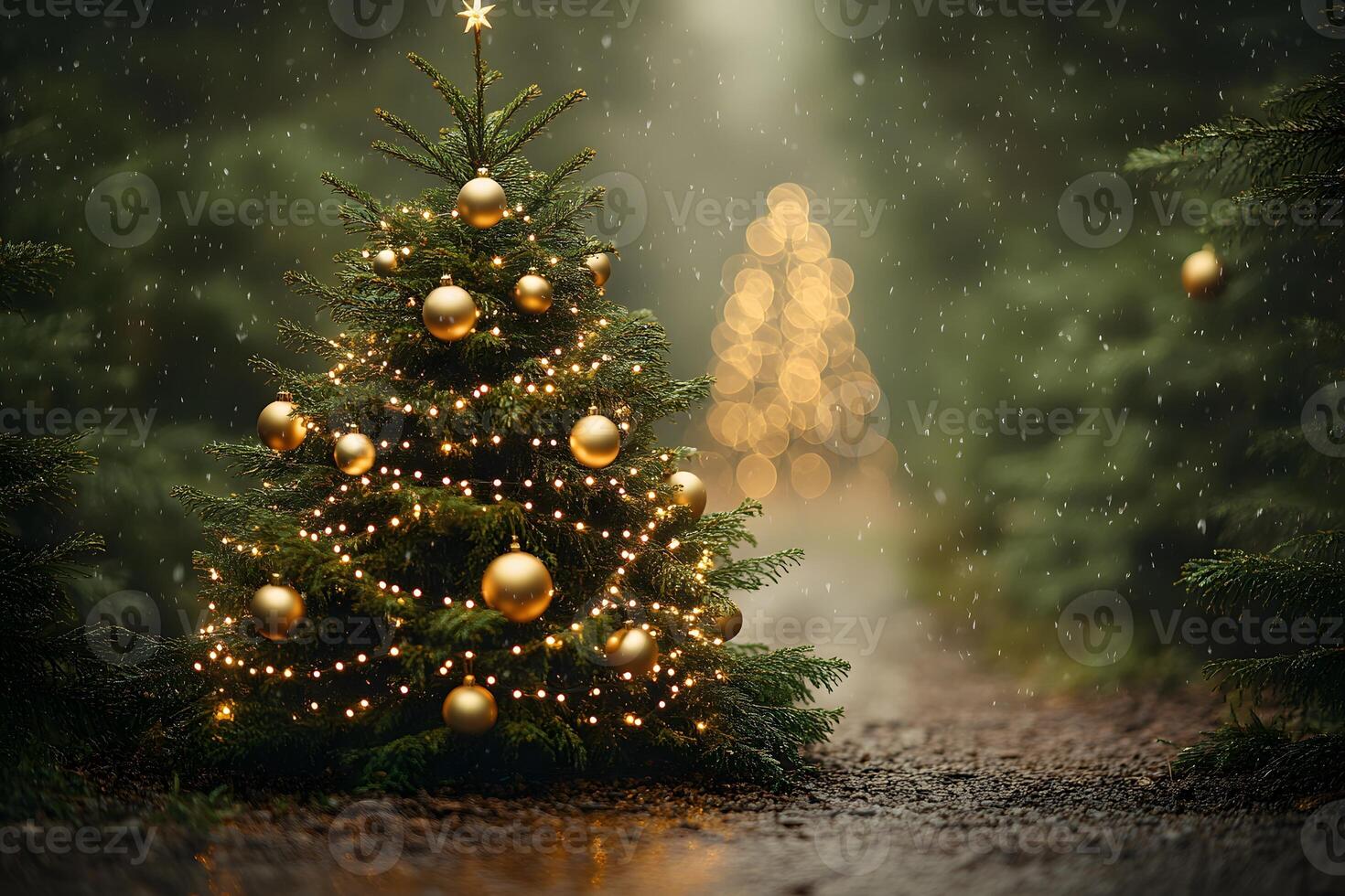 Christmas Tree in Forest with Golden Lights and Ornaments - Festive Holiday Atmosphere photo