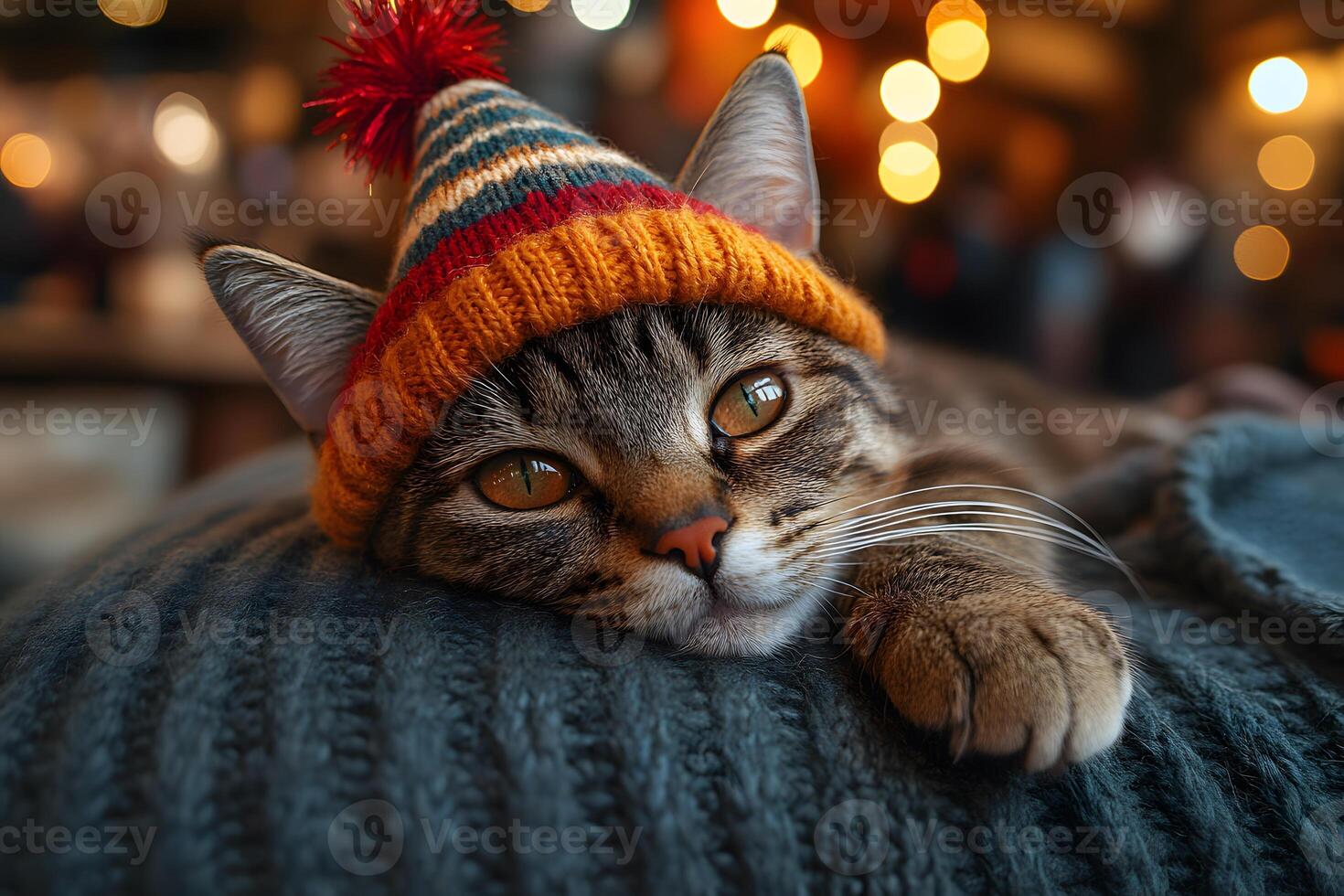 Cozy Cat in a Winter Hat Relaxing on Knit Blanket with Warm Bokeh Lights photo