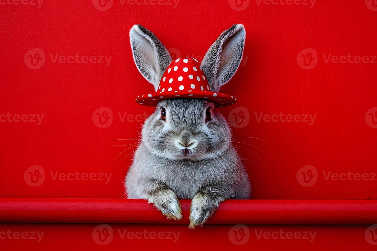 Adorable Rabbit in Polka Dot Hat Against Vibrant Red Background for Easter and Spring Designs photo
