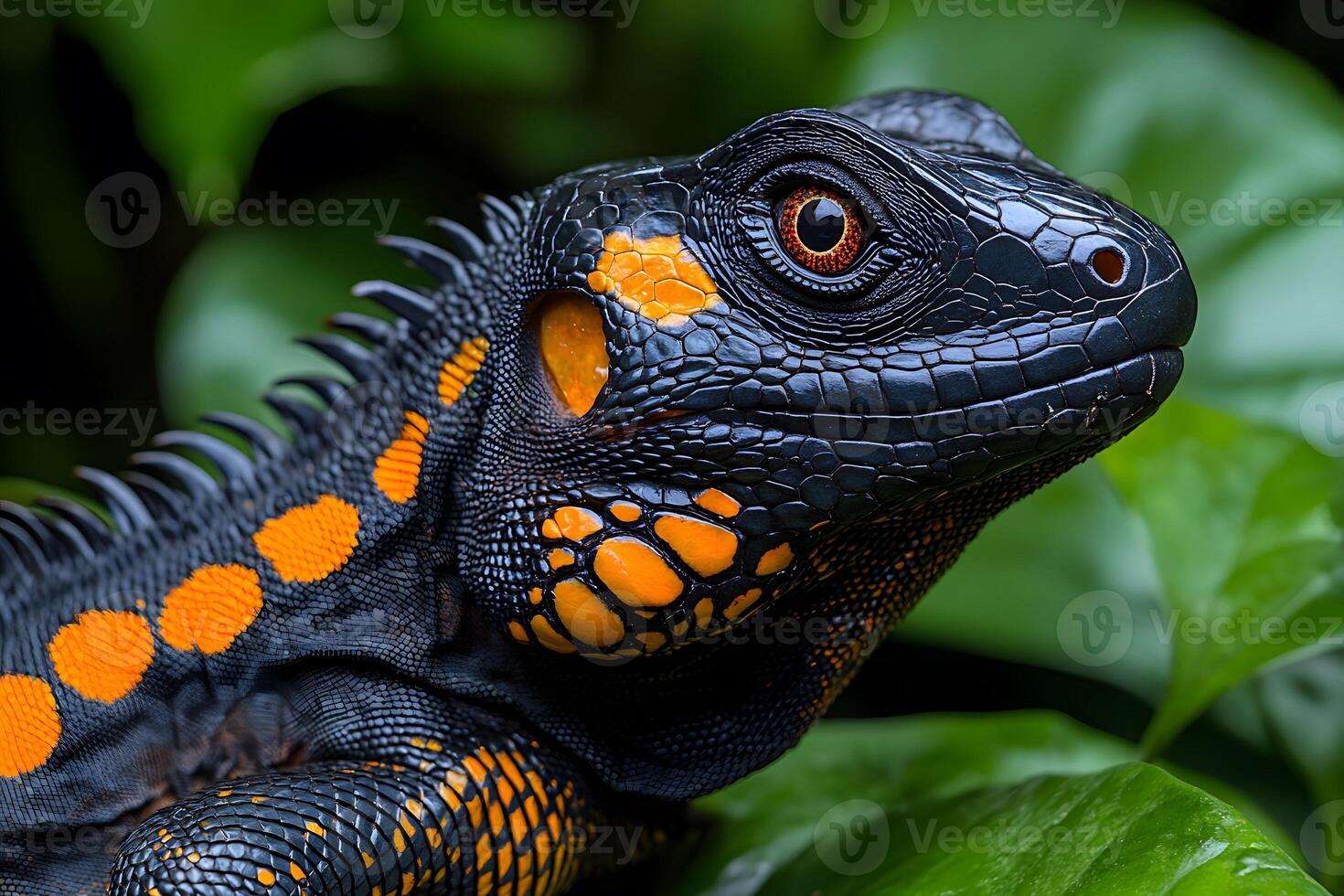 Vibrant Reptile with Striking Orange and Black Patterns Amongst Lush Greenery photo
