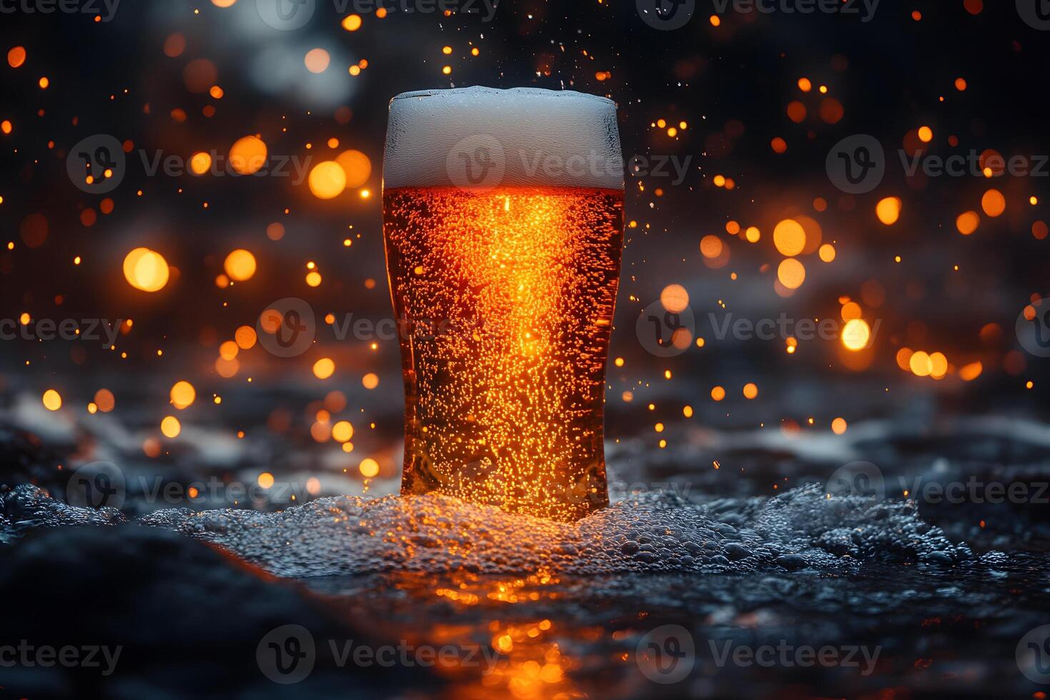 Luminescent Craft Beer in Glass with Bokeh Lights for Festive Celebrations photo