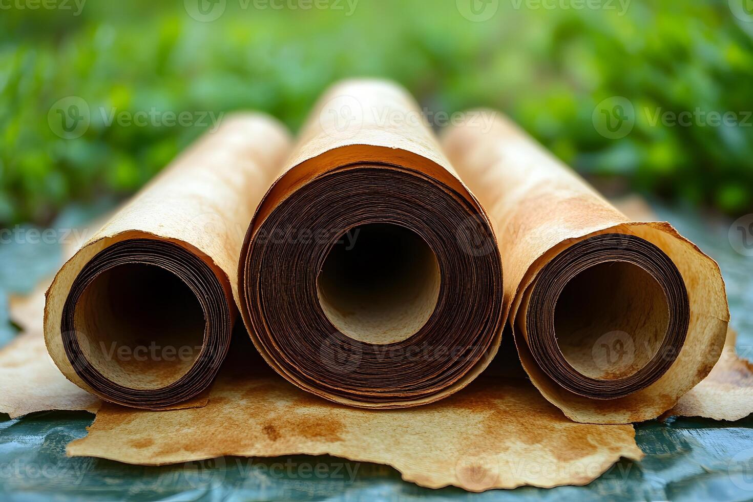 Antique Paper Rolls on Rustic Background - Vintage Design Elements for Print, Card, Poster photo
