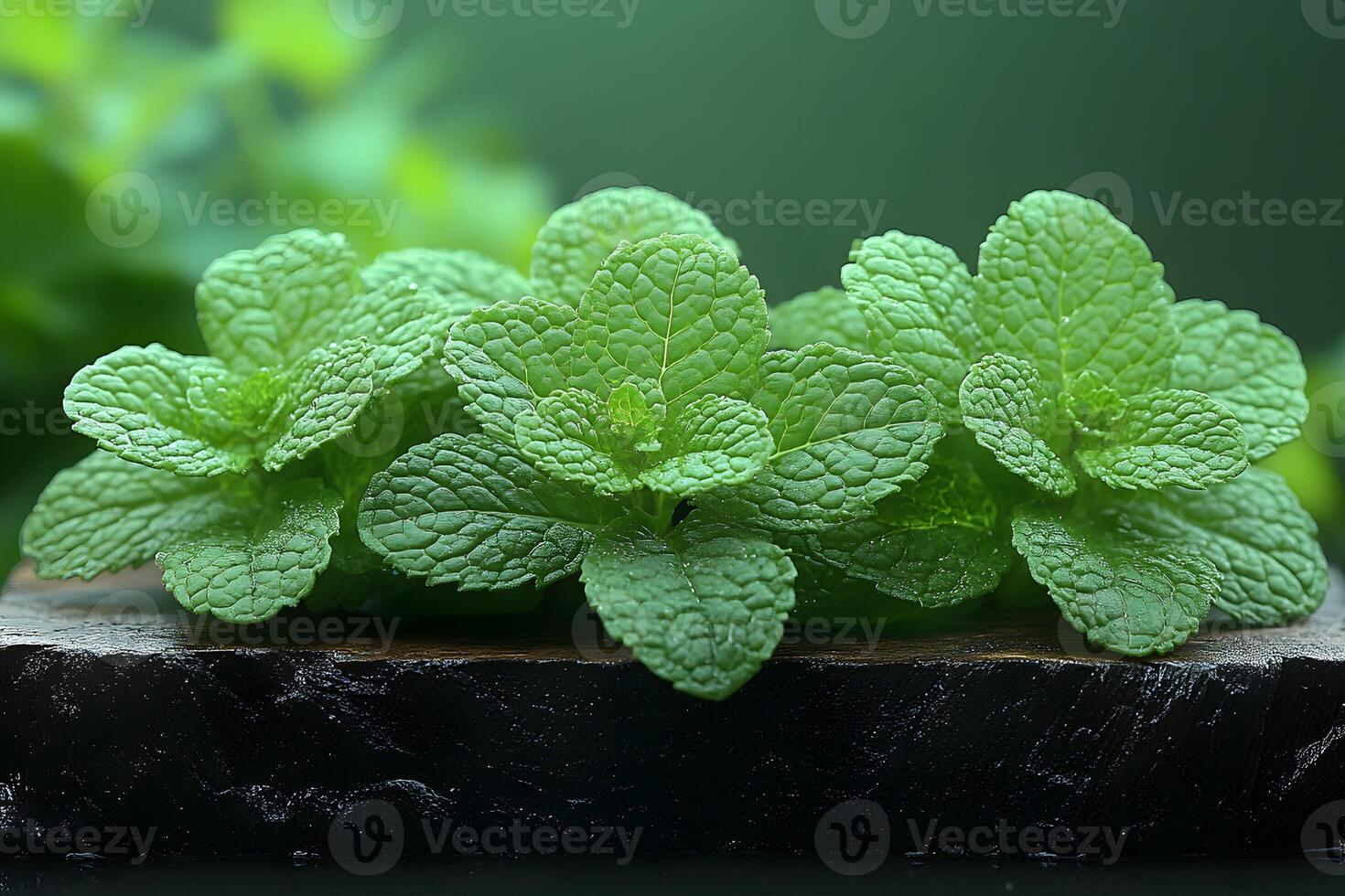 Fresh Green Mint Leaves on Rustic Stone Surface for Culinary and Botanical Design photo