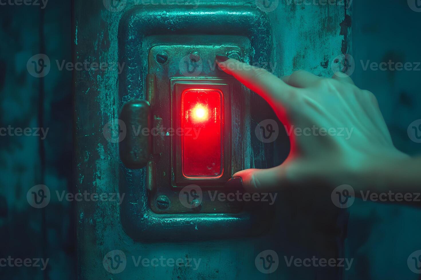 Eerie Atmosphere with Glowing Red Button under Mysterious Lighting photo
