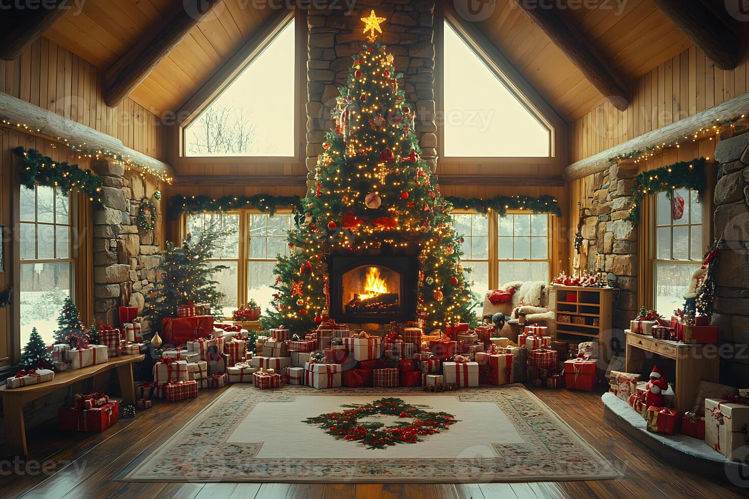 Cozy Christmas Cabin Interior with Festive Tree and Gifts for Holiday Celebration photo