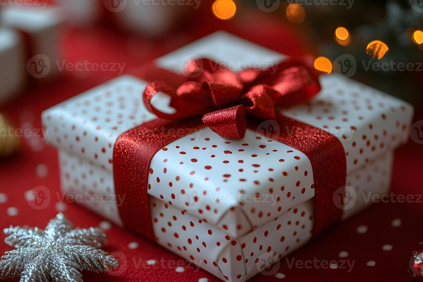 Festive Gift Box with Red Ribbon on Polka Dot Pattern Perfect for Christmas Celebrations and Holiday Joy photo