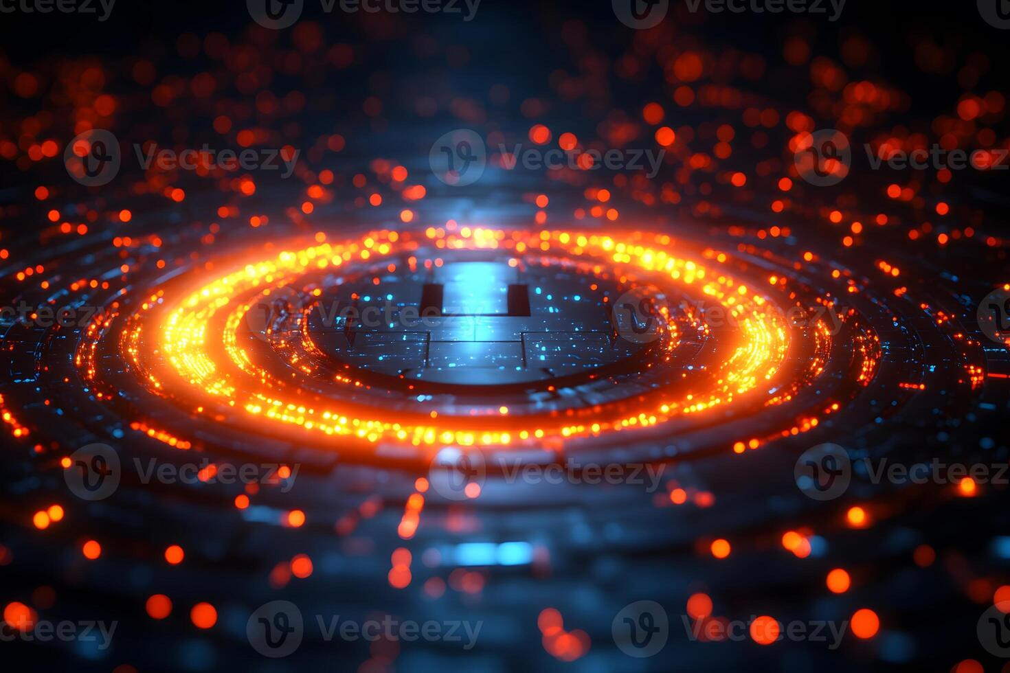 Futuristic Digital Technology Circuit with Glowing Orange Particles photo