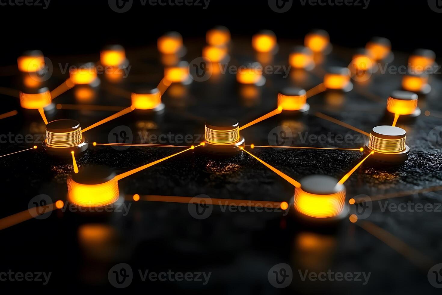 Glowing Network Nodes on Dark Surface - Concept of Connectivity and Technology photo