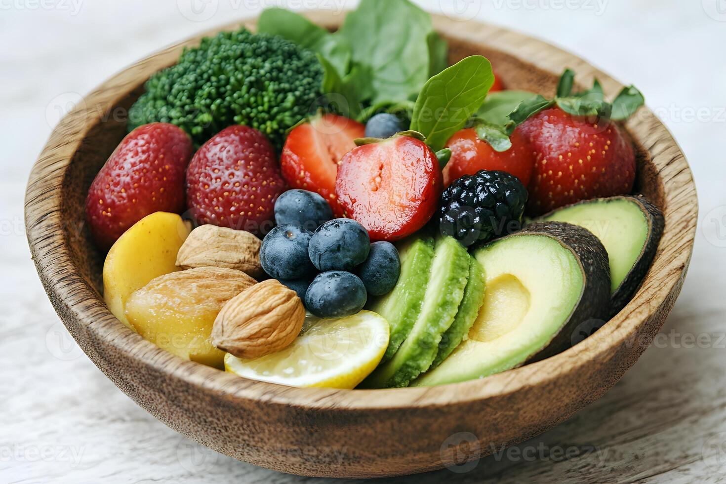 Healthy Summer Diet Fresh Fruits and Vegetables in Wooden Bowl for Nutrition and Wellness photo