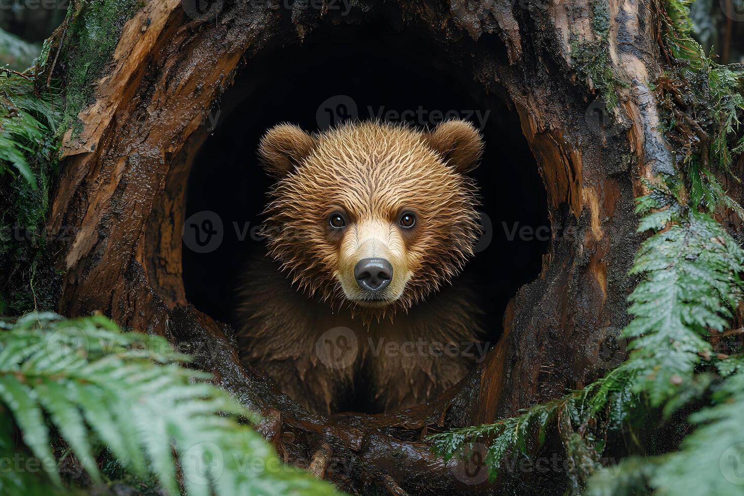 Curious Bear Cub in Forest Hollow Surrounded by Lush Greenery for Wildlife Enthusiasts photo