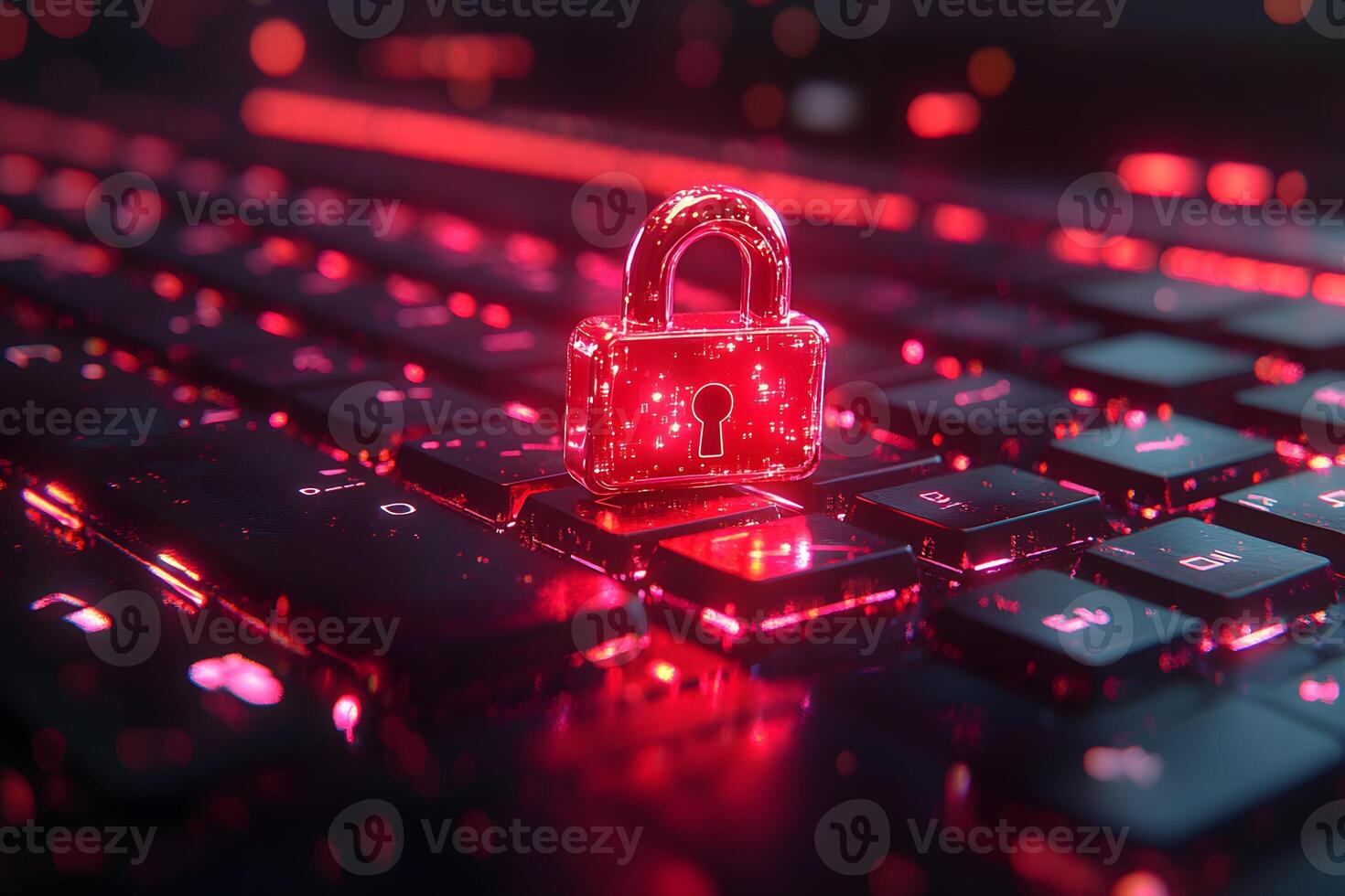 Cybersecurity Concept with Digital Lock on Glowing Keyboard for Data Protection and Privacy photo