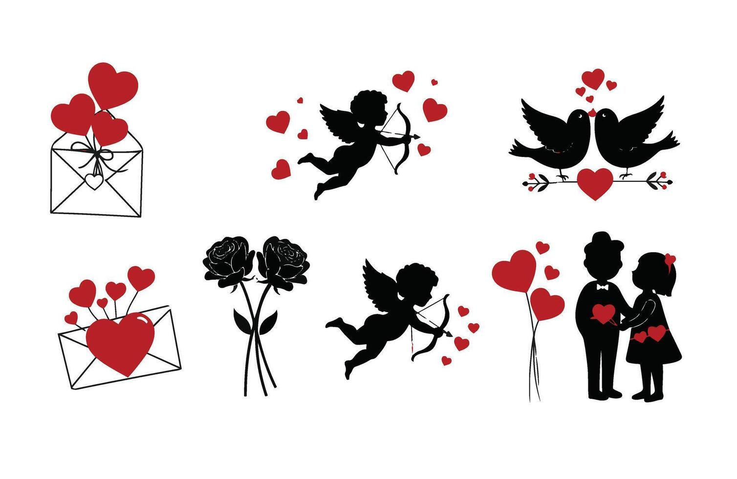 Silhouettes of Romantic Doves and Roses vector