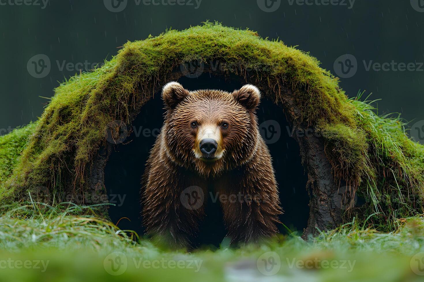 Wild Brown Bear Emerging from Mossy Cave in Rainy Forest Environment photo