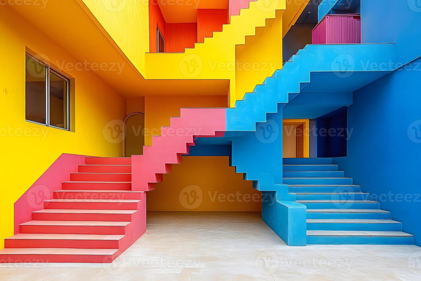 Vibrant Geometric Architecture with Bold Colored Staircases for Modern Design photo