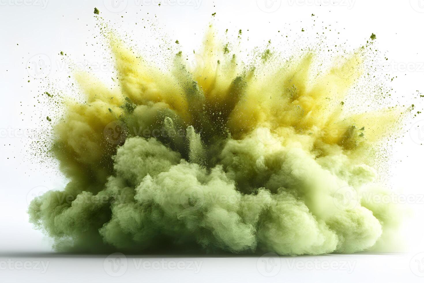 Explosive Green and Yellow Powder Burst on White Background for Dynamic Design photo