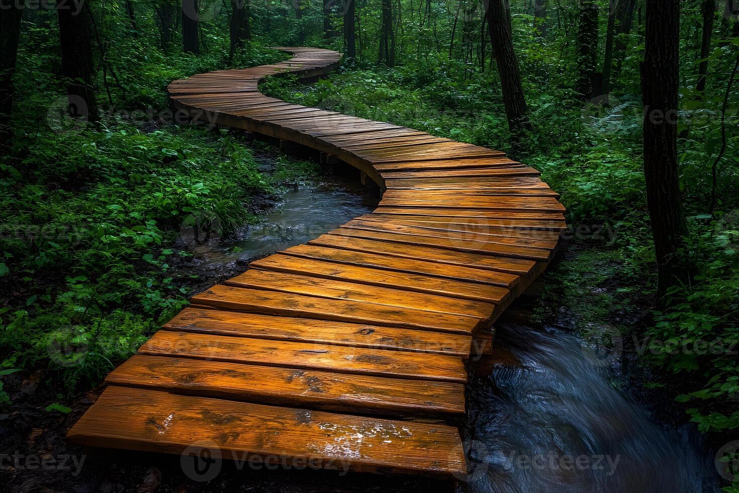 Curved Wooden Pathway in Lush Forest for Tranquil Nature Walks and Outdoor Exploration photo
