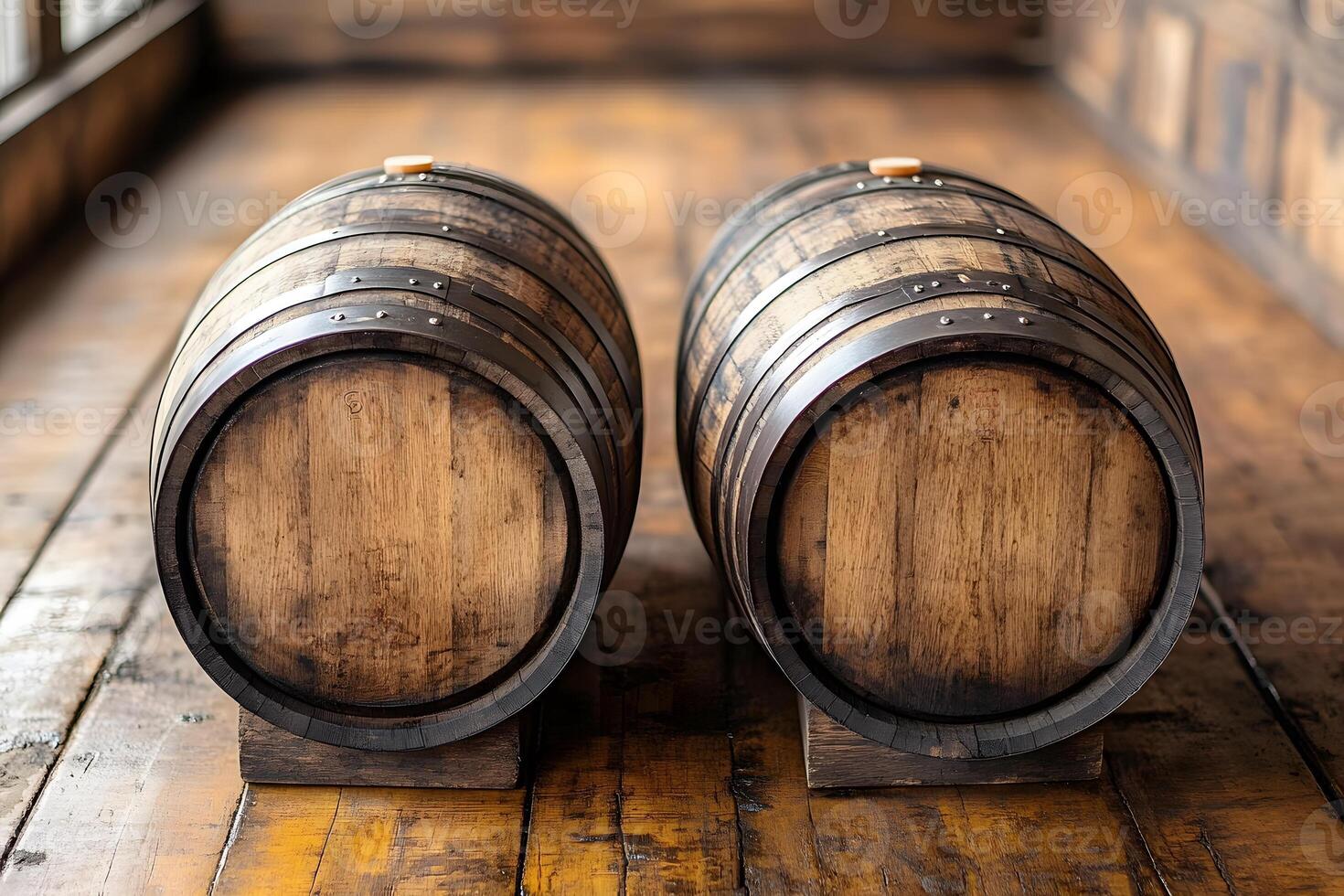 Rustic Wine Barrels on Wooden Floor in Cellar Setting for Vintage Storage photo