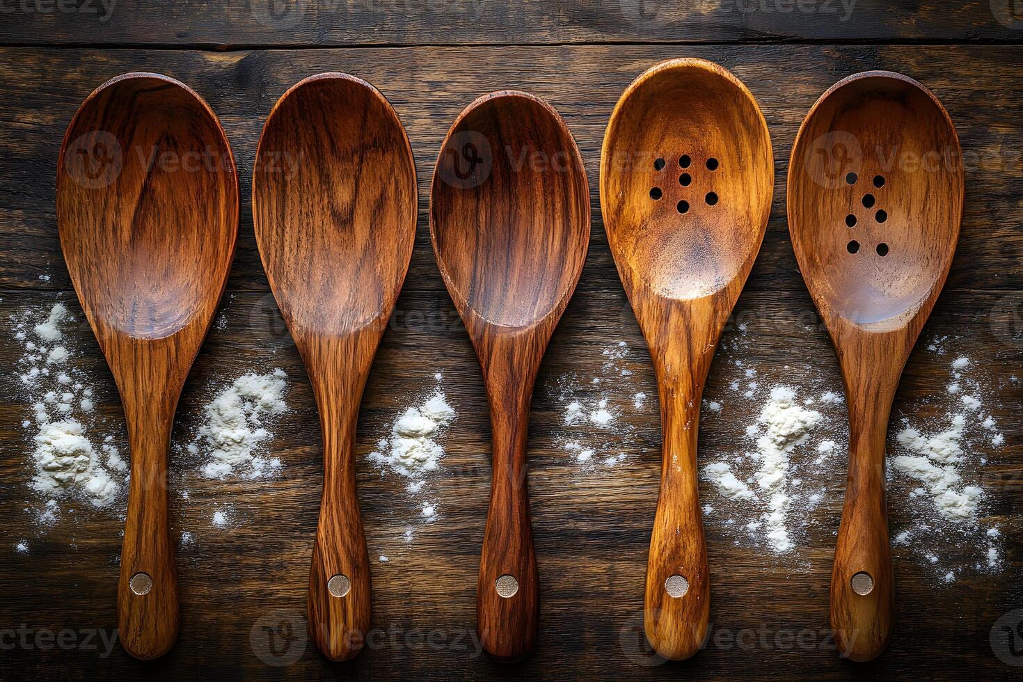 Rustic Wooden Spoons on Wooden Table with Flour for Kitchen Decor and Cooking Inspiration photo