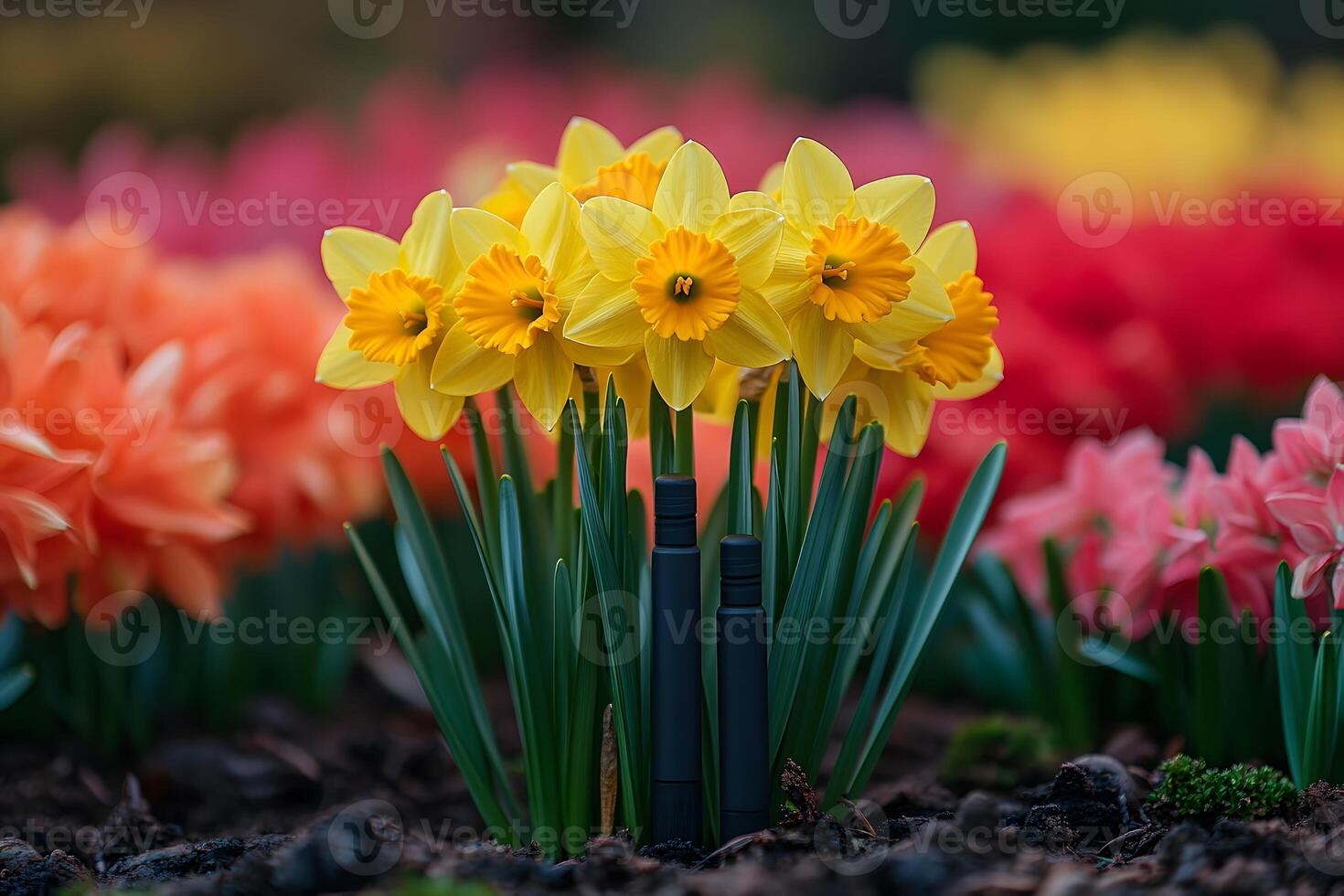 Spring Bloom with Vibrant Daffodils and Tulips in a Garden Setting photo