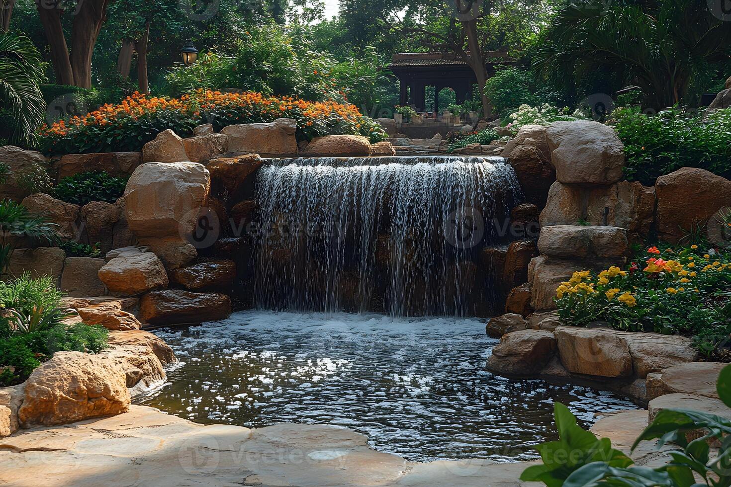 Serene Garden Oasis with Waterfall and Lush Vegetation for Relaxation and Tranquility photo